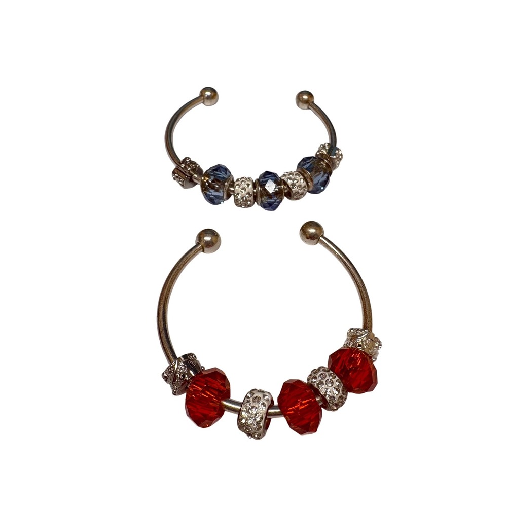 Set of 2 Silver Tone Beaded Cuff Bracelets Red Blue Crystal Rhinestone Accents